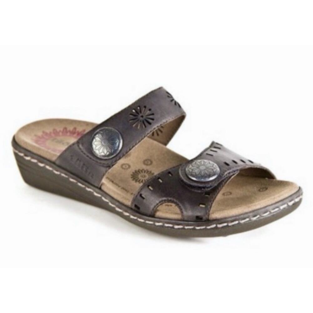 NEW Taos Miracle Sandals •Women 8•Brown Leather Comfort Double Strap Slide Wedge